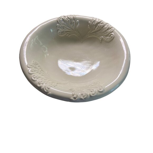 Ivory Embossed Oval Ceramic Bowl 10" Vintage Decor - Picture 2 of 5